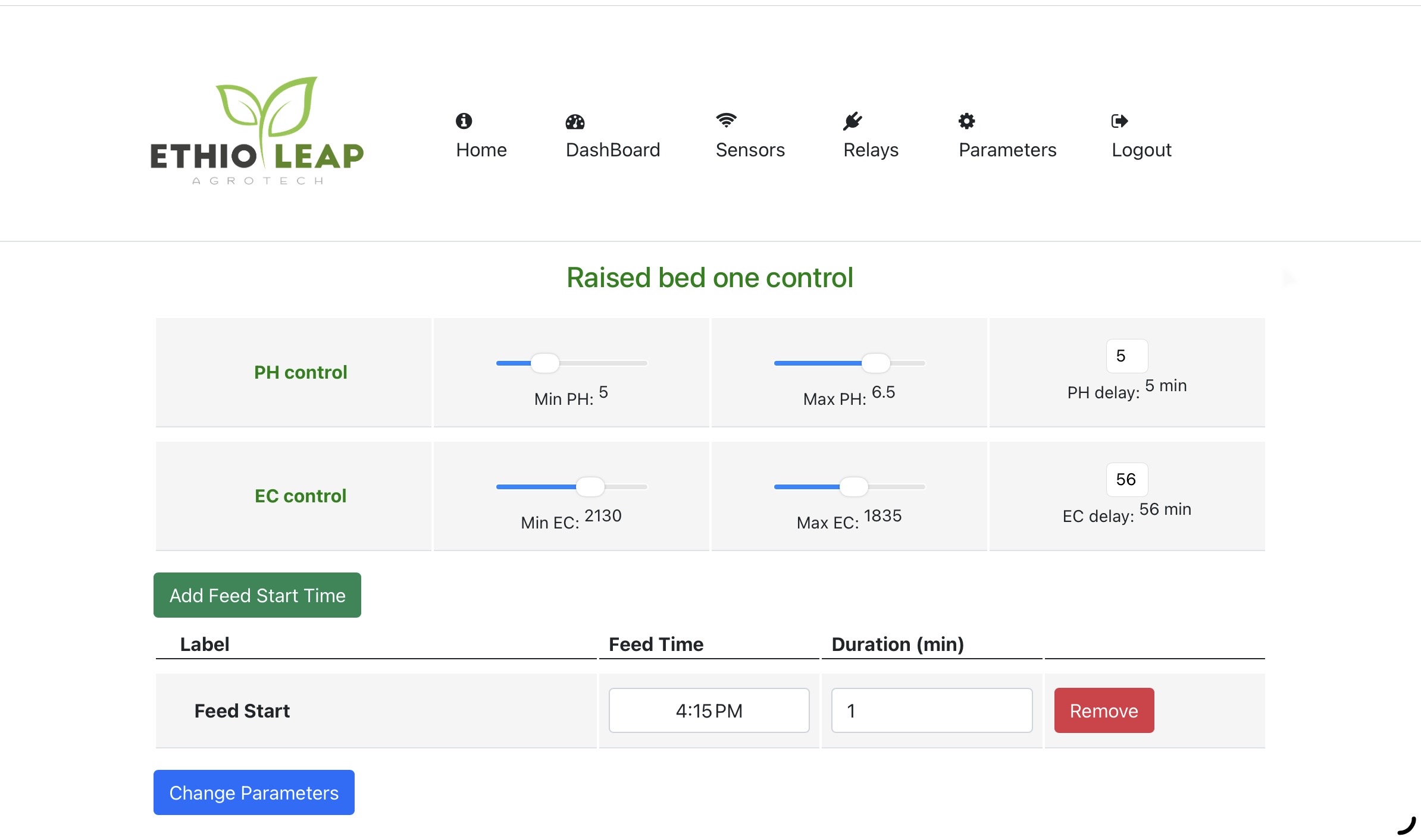 Ethio-Leap interface showing raised-bed pH, EC and feed scheduling controls.